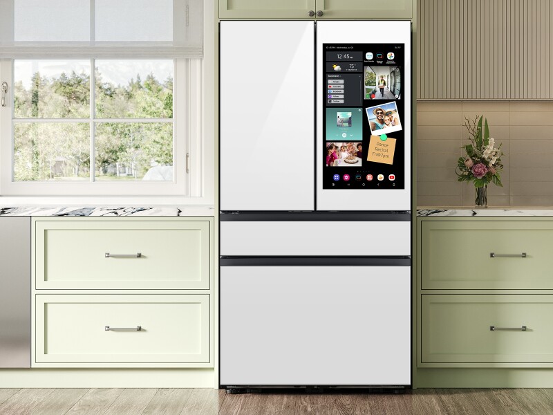 Bespoke 29 cu. ft. 4-Door French Door Refrigerator with AI Family Hub™+ & AI Vision Inside™ in White Glass RF90F29AEWAA