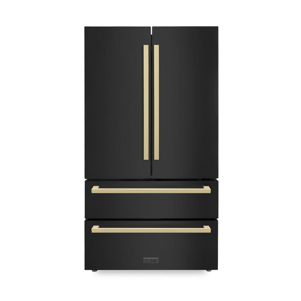 36"Autograph Edition 22.5 cu. ft 4-Door French Door Refrigerator with Ice Maker in Black Stainless Steel with Champagne Bronze Square Handles RFMZ36BSFCB