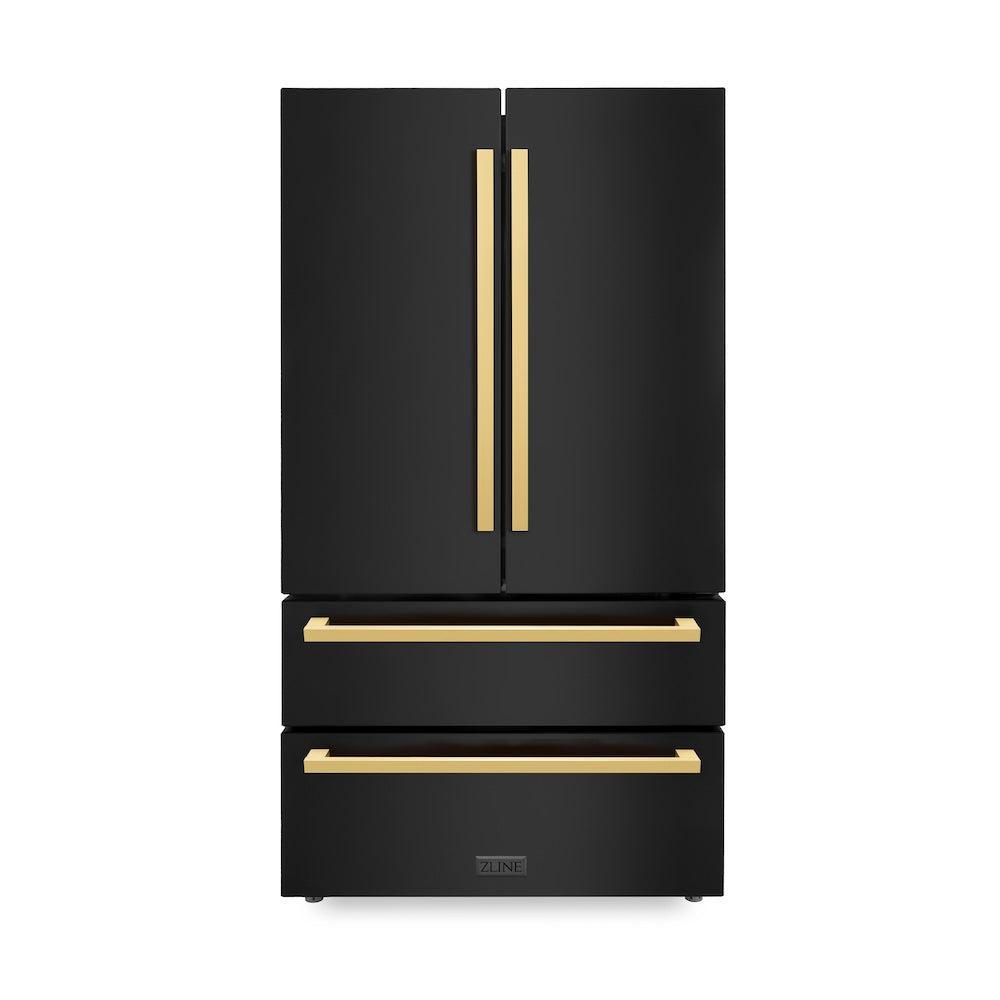 36in. Autograph Edition 22.5 cu. ft 4-Door French Door Refrigerator with Ice Maker in Black Stainless Steel with Polished Gold Square Handles RFMZ36BSFG