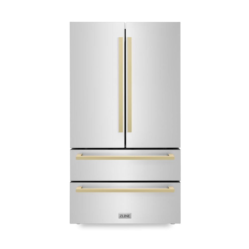 36"Autograph Edition 22.5 cu. ft 4-Door French Door Refrigerator with Ice Maker in Stainless Steel with Champagne Bronze Square Handles RFMZ36FCB