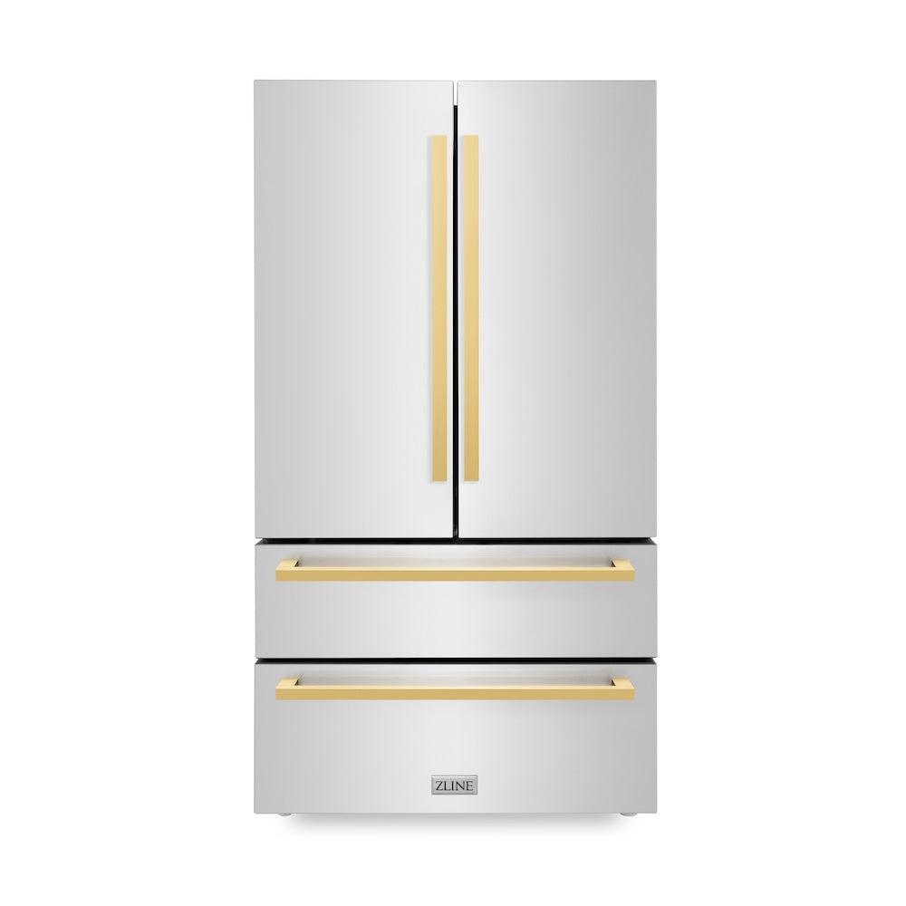 36in. Autograph Edition 22.5 cu. ft 4-Door French Door Refrigerator with Ice Maker in Stainless Steel with Polished Gold Square Handles RFMZ36FG