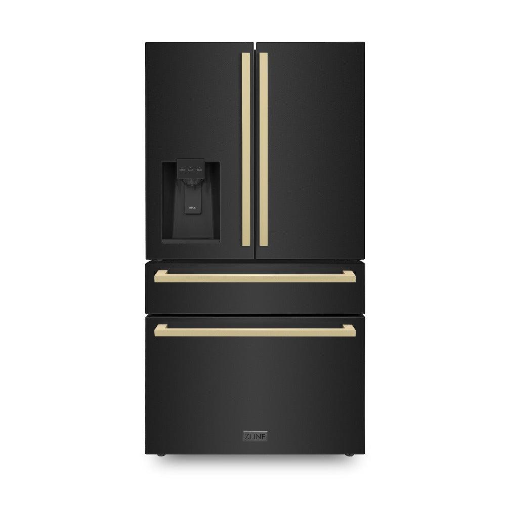 36"Autograph Edition 21.6 cu. ft 4-Door French Door Refrigerator with Water and Ice Dispenser in Black Stainless Steel with Champagne Bronze Square Handles RFMZW36BSFCB