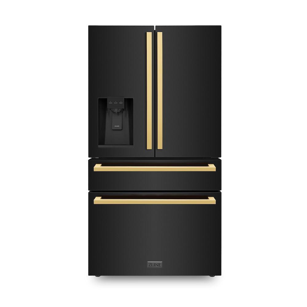 36in. Autograph Edition 21.6 cu. ft 4-Door French Door Refrigerator with Water and Ice Dispenser in Black Stainless Steel with Polished Gold Square Handles RFMZW36BSFG
