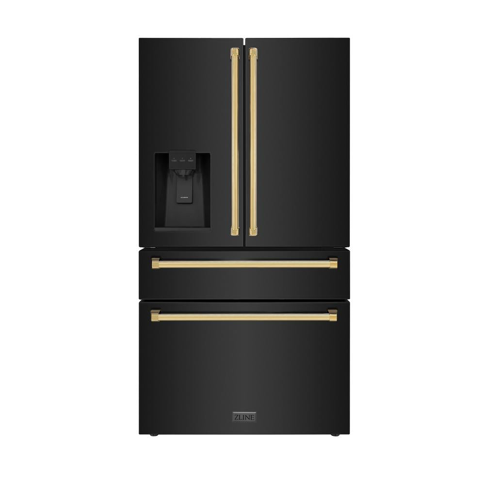 36"Autograph Edition 21.6 cu. ft 4-Door French Door Refrigerator with Water and Ice Dispenser in Fingerprint Resistant Black Stainless Steel with Polished Gold Handles RFMZW36BSG