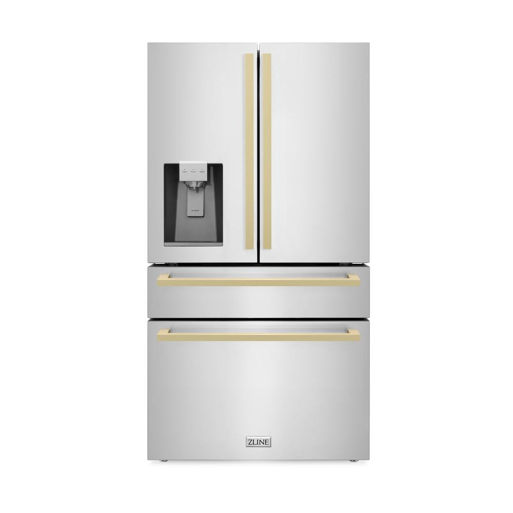 36"Autograph Edition 21.6 cu. ft 4-Door French Door Refrigerator with Water and Ice Dispenser in Stainless Steel with Champagne Bronze Square Handles RFMZW36FCB