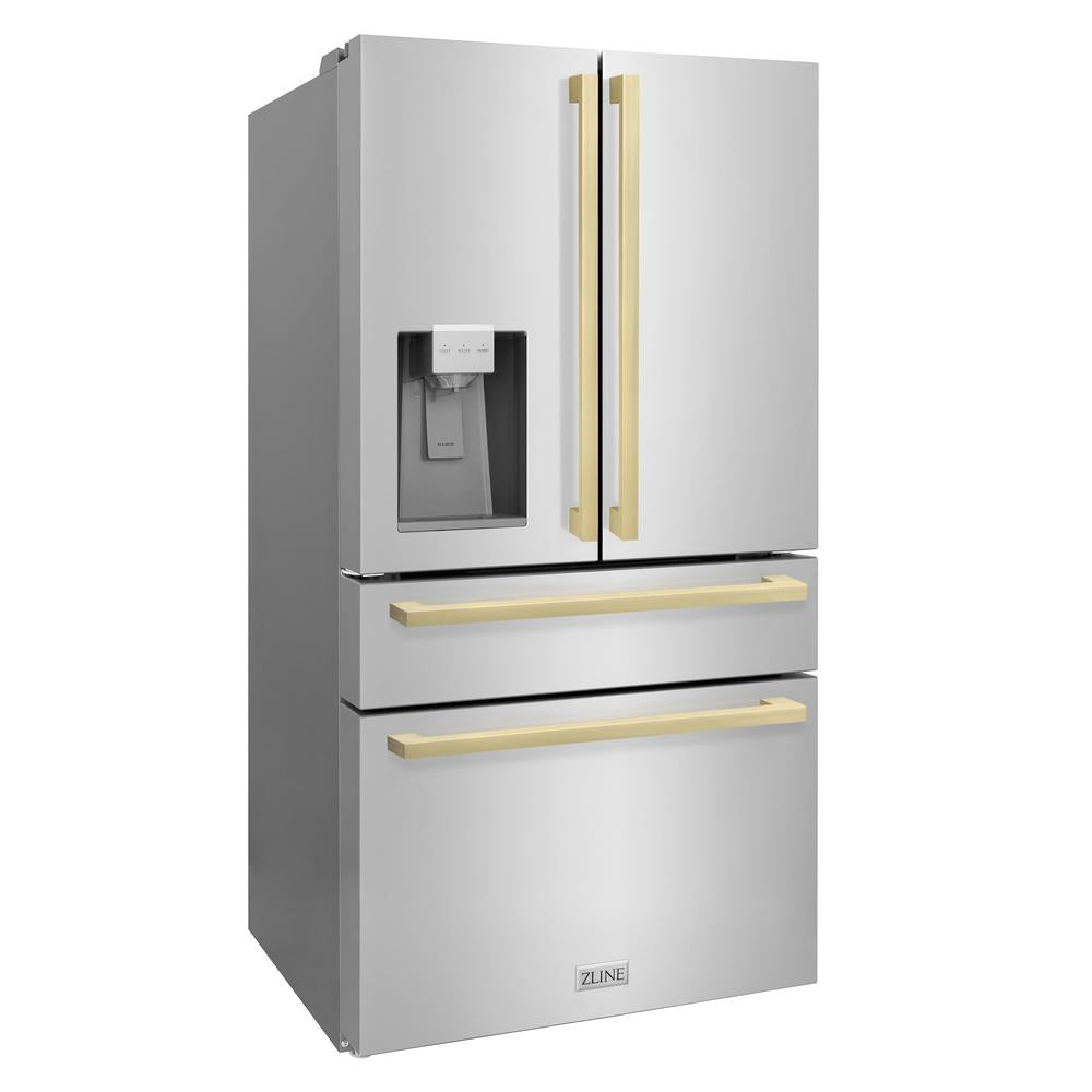 36"Autograph Edition 21.6 cu. ft 4-Door French Door Refrigerator with Water and Ice Dispenser in Stainless Steel with Champagne Bronze Square Handles RFMZW36FCB