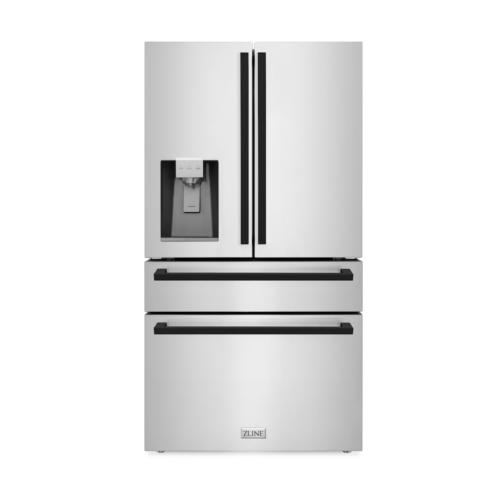 ZLINE Autograph Edition 36 in. 21.6 cu. ft. Counter-Depth French Door Refrigerator with Water and Ice Dispenser in Fingerprint-Resistant Stainless Steel with Matte Black Modern Handles (RFMZ-