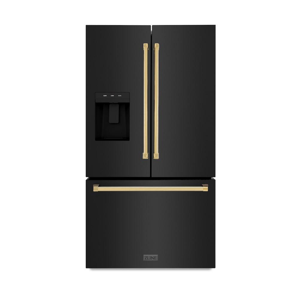 AutographEdition 36 in. 28.9 cu. ft. Standard-Depth French Door External Water Dispenser Refrigerator with Dual Ice Maker in Black Stainless Steel and Polished Gold Handles RSMZW36BSG