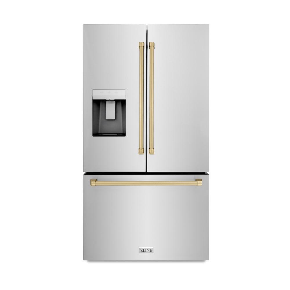 AutographEdition 36 in. 28.9 cu. ft. Standard-Depth French Door External Water Dispenser Refrigerator with Dual Ice Maker in Fingerprint Resistant Stainless Steel and Champagne Bronze Handles