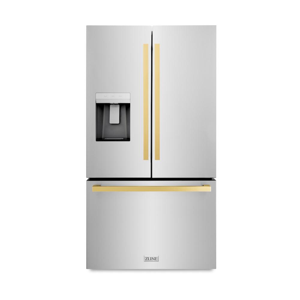 AutographEdition 36 in. 28.9 cu. ft. Standard-Depth French Door External Water Dispenser Refrigerator with Dual Ice Maker in Fingerprint Resistant Stainless Steel and Polished Gold Square Han