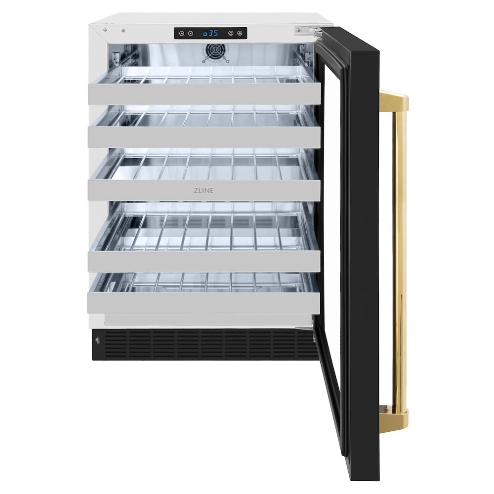 ZLINE Autograph Edition 24 in. Touchstone Dual Zone 44 Bottle Wine Cooler With Black Matte Glass Door And Polished Gold Handle (RWDOZ-BLM-24-G) RWDOZBLM24G