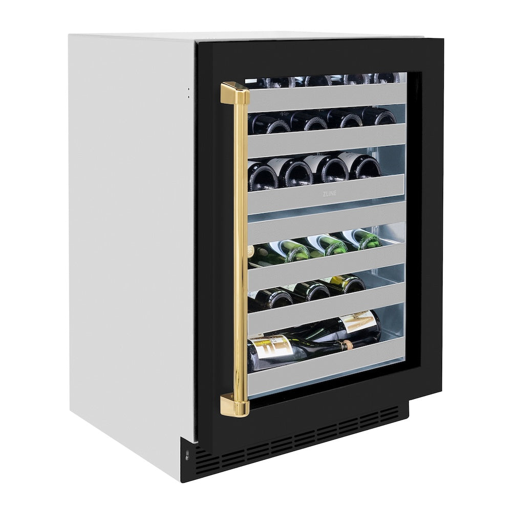 ZLINE Autograph Edition 24 in. Touchstone Dual Zone 44 Bottle Wine Cooler With Black Matte Glass Door And Polished Gold Handle (RWDOZ-BLM-24-G) RWDOZBLM24G