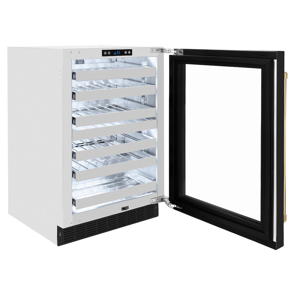ZLINE Autograph Edition 24 in. Touchstone Dual Zone 44 Bottle Wine Cooler With Black Matte Glass Door And Polished Gold Handle (RWDOZ-BLM-24-G) RWDOZBLM24G