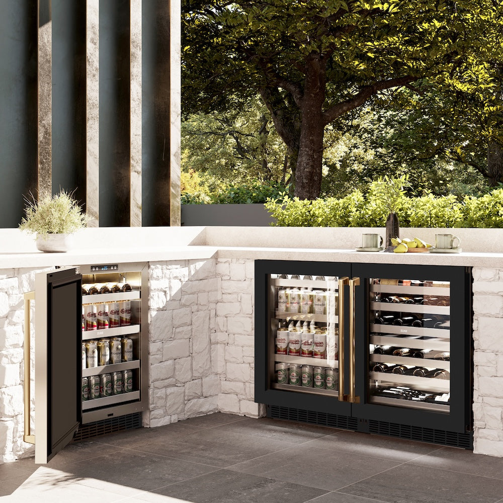 ZLINE Autograph Edition 24 in. Touchstone Dual Zone 44 Bottle Wine Cooler With Black Matte Glass Door And Polished Gold Handle (RWDOZ-BLM-24-G) RWDOZBLM24G