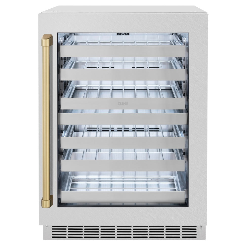 ZLINE Autograph Edition 24 in. Touchstone Dual Zone 44 Bottle Wine Cooler With DuraSnow® Stainless Steel Glass Door And Champagne Bronze Handle (RWDOZ-SN-24-CB) RWDOZSN24CB