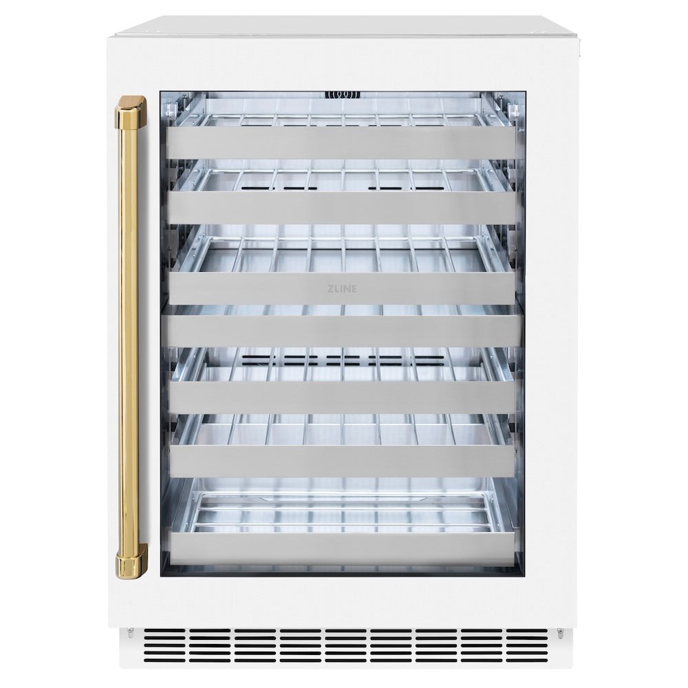 ZLINE Autograph Edition 24 in. Touchstone Dual Zone 44 Bottle Wine Cooler With White Matte Glass Door And Polished Gold Handle (RWDOZ-WM-24-G) RWDOZWM24G