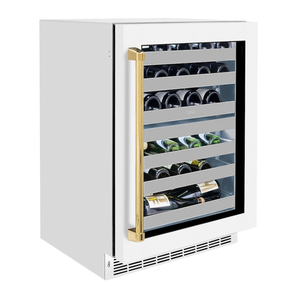 ZLINE Autograph Edition 24 in. Touchstone Dual Zone 44 Bottle Wine Cooler With White Matte Glass Door And Polished Gold Handle (RWDOZ-WM-24-G) RWDOZWM24G