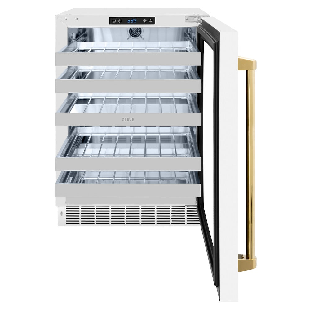 ZLINE Autograph Edition 24 in. Touchstone Dual Zone 44 Bottle Wine Cooler With White Matte Glass Door And Polished Gold Handle (RWDOZ-WM-24-G) RWDOZWM24G