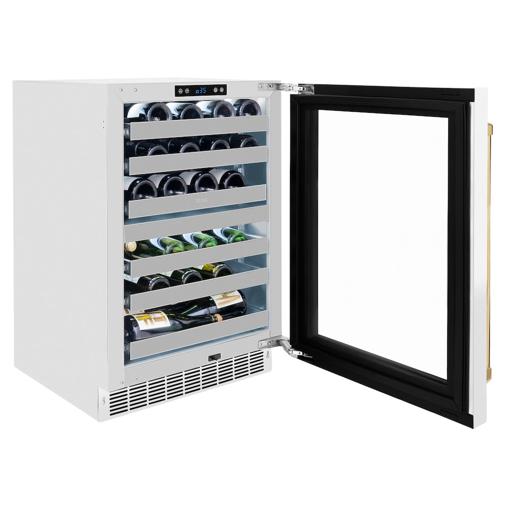 ZLINE Autograph Edition 24 in. Touchstone Dual Zone 44 Bottle Wine Cooler With White Matte Glass Door And Polished Gold Handle (RWDOZ-WM-24-G) RWDOZWM24G