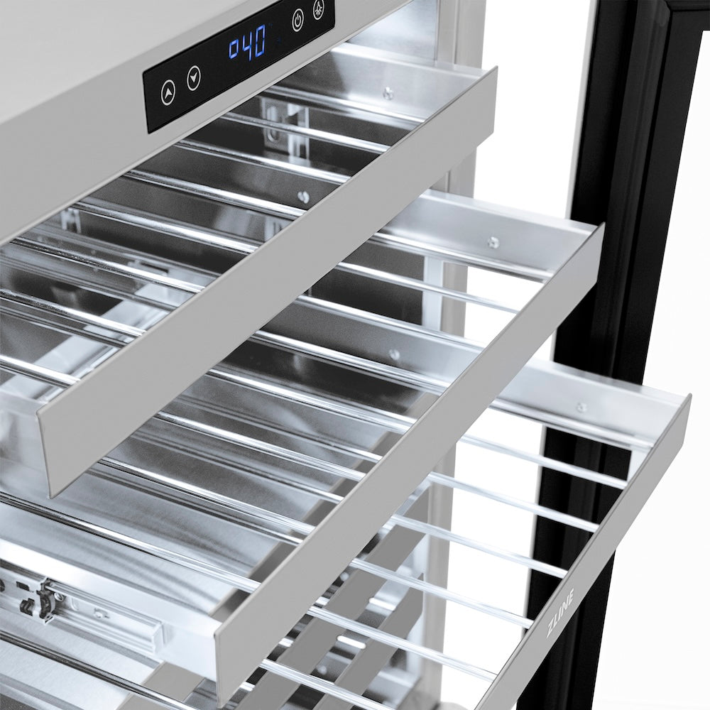 ZLINE Autograph Edition 24 in. Touchstone Dual Zone 44 Bottle Wine Cooler With White Matte Glass Door And Polished Gold Handle (RWDOZ-WM-24-G) RWDOZWM24G