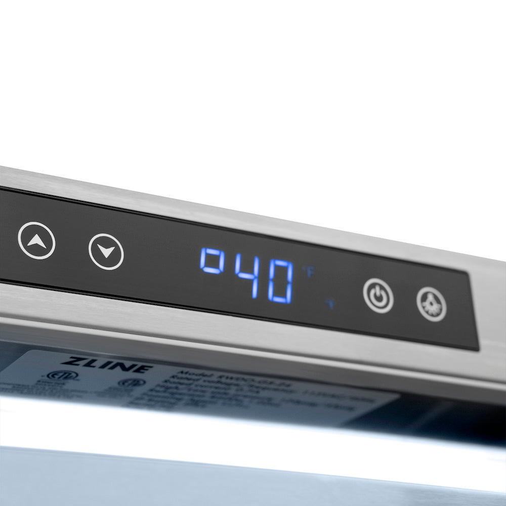 ZLINE Autograph Edition 24 in. Touchstone Dual Zone 44 Bottle Wine Cooler With White Matte Glass Door And Polished Gold Handle (RWDOZ-WM-24-G) RWDOZWM24G