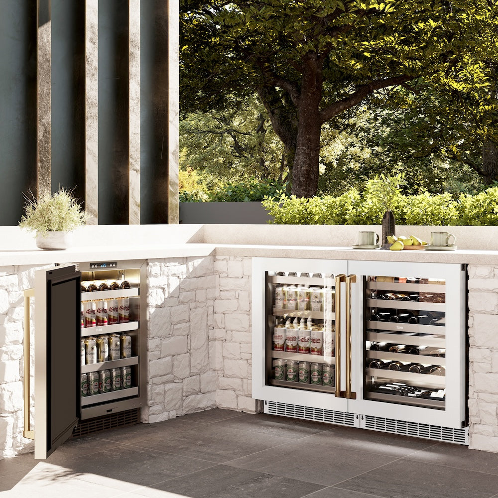 ZLINE Autograph Edition 24 in. Touchstone Dual Zone 44 Bottle Wine Cooler With White Matte Glass Door And Polished Gold Handle (RWDOZ-WM-24-G) RWDOZWM24G