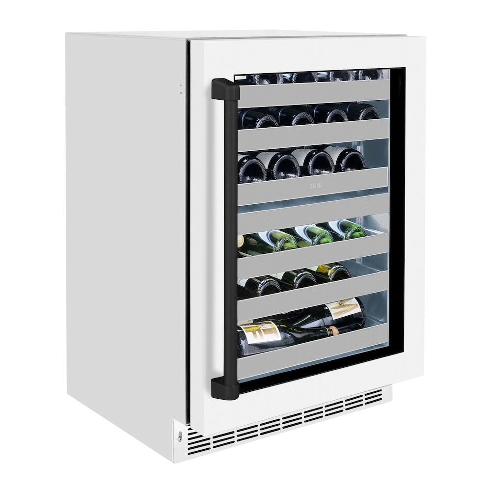 ZLINE Autograph Edition 24 in. Touchstone Dual Zone 44 Bottle Wine Cooler With White Matte Glass Door And Matte Black Handle (RWDOZ-WM-24-MB) RWDOZWM24MB