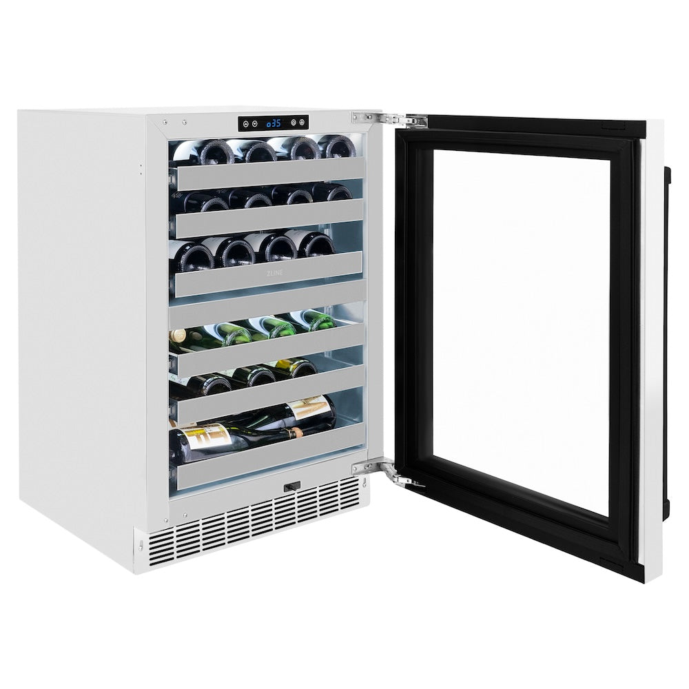 ZLINE Autograph Edition 24 in. Touchstone Dual Zone 44 Bottle Wine Cooler With White Matte Glass Door And Matte Black Handle (RWDOZ-WM-24-MB) RWDOZWM24MB