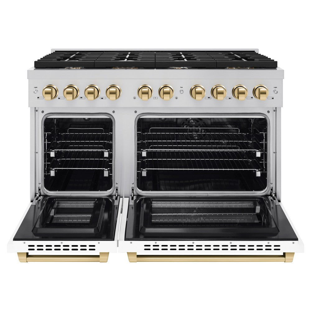 Autograph Edition 48 In. 6.7 Cu. Ft. Paramount Double Oven Dual Fuel Range With 8 Burner Gas Cooktop In Stainless Steel With White Matte Doors And Polished Gold Accents SDRZWM48G