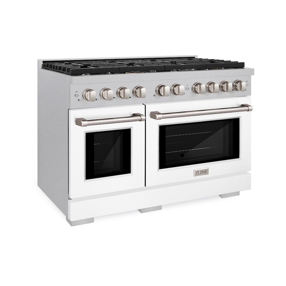 48in. 6.7 cu. ft. 8 Burner Double Oven Gas Range in DuraSnow Stainless Steel with White Matte Doors SGRSWM48
