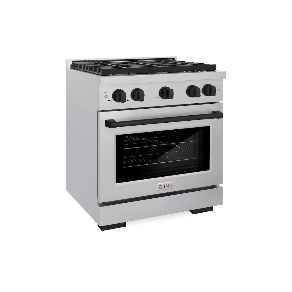 AutographEdition 30 in. 4.2 cu. ft. 4 Burner Gas Range with Convection Gas Oven in DuraSnow Stainless Steel and Matte Black Accents SGRSZ30MB