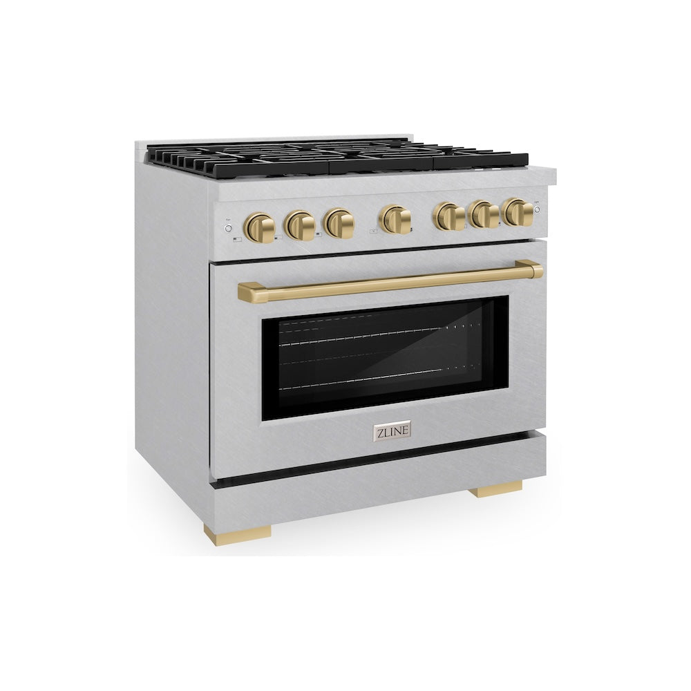 AutographEdition 36 in. 5.2 cu. ft. 6 Burner Gas Range with Convection Gas Oven in DuraSnow Stainless Steel and Champagne Bronze Accents SGRSZ36CB