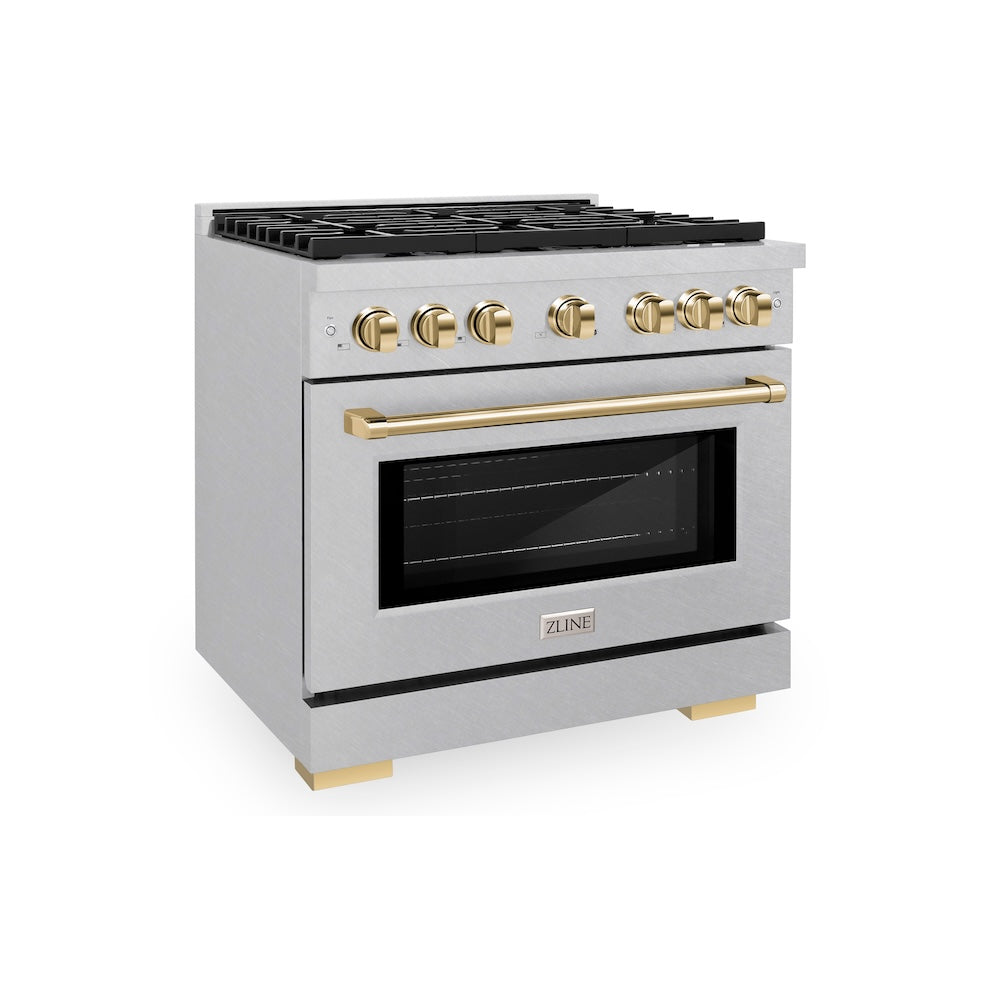 AutographEdition 36 in. 5.2 cu. ft. 6 Burner Gas Range with Convection Gas Oven in DuraSnow Stainless Steel and Polished Gold Accents SGRSZ36G