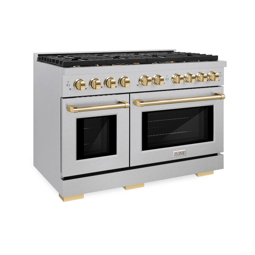 AutographEdition 48 in. 6.7 cu. ft. 8 Burner Double Oven Gas Range in DuraSnow Stainless Steel and Polished Gold Accents SGRSZ48G