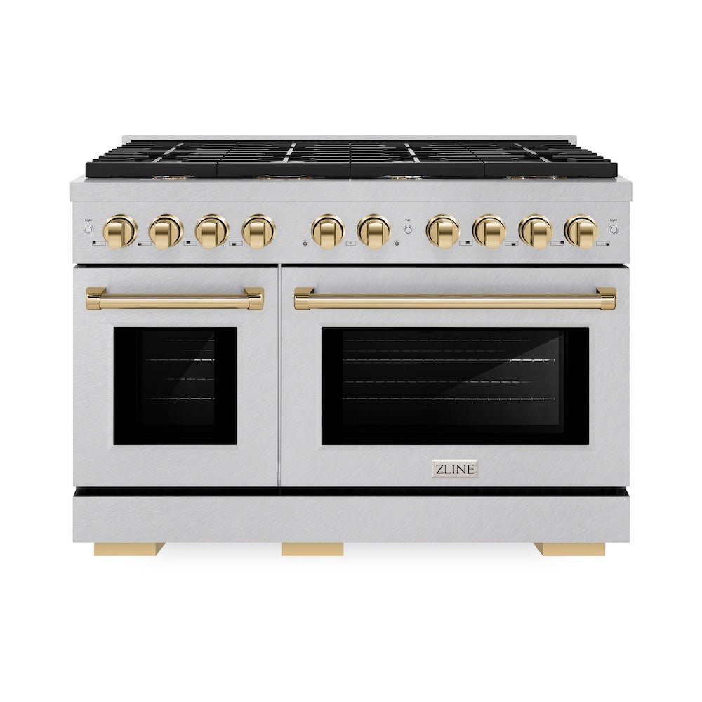 AutographEdition 48 in. 6.7 cu. ft. 8 Burner Double Oven Gas Range in DuraSnow Stainless Steel and Polished Gold Accents SGRSZ48G