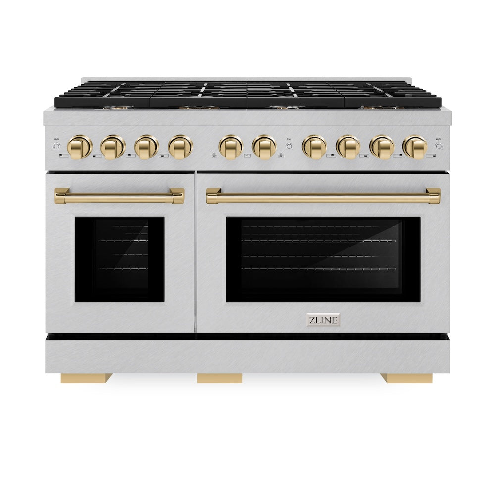AutographEdition 48 in. 6.7 cu. ft. 8 Burner Double Oven Gas Range in DuraSnow Stainless Steel and Polished Gold Accents SGRSZ48G