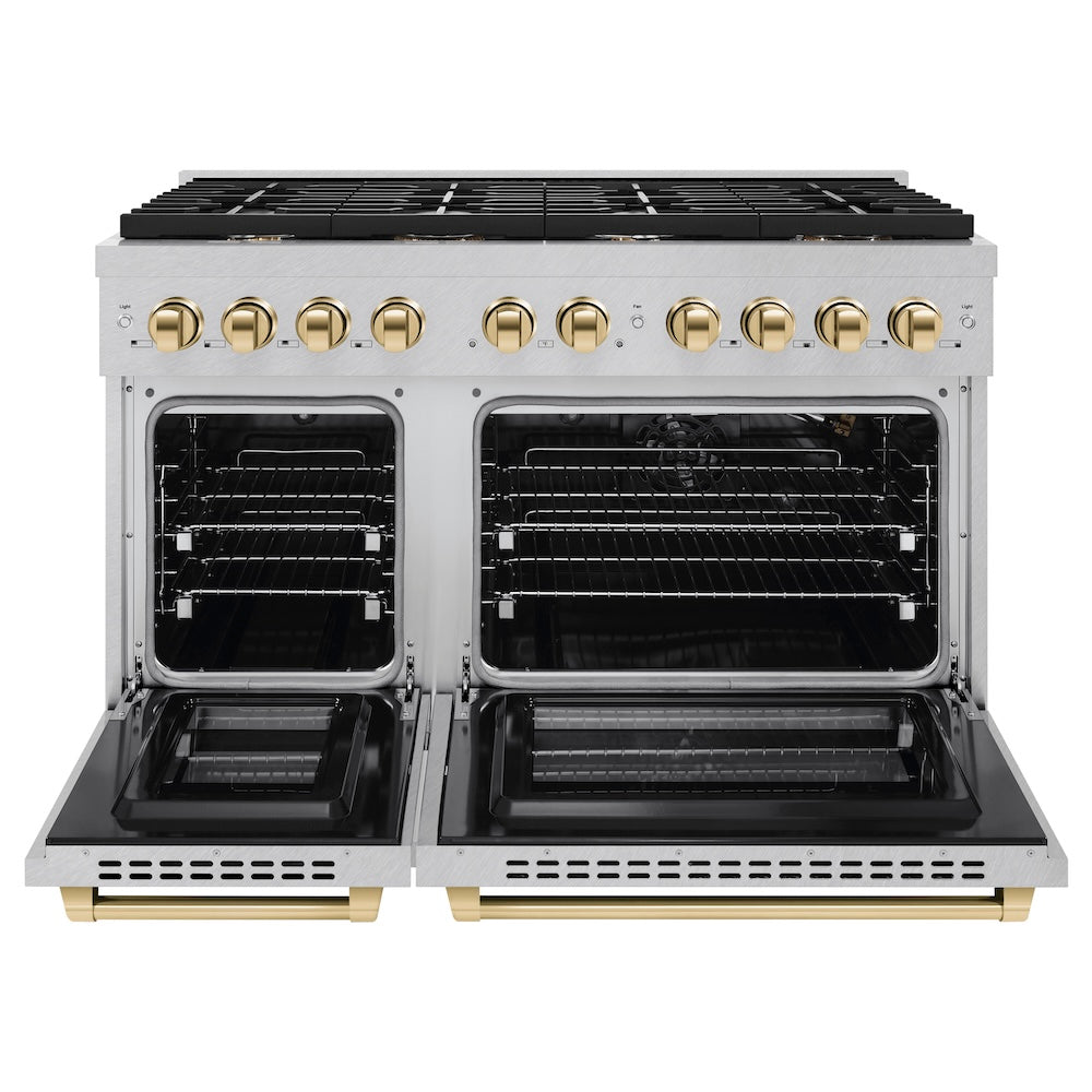 AutographEdition 48 in. 6.7 cu. ft. 8 Burner Double Oven Gas Range in DuraSnow Stainless Steel and Polished Gold Accents SGRSZ48G