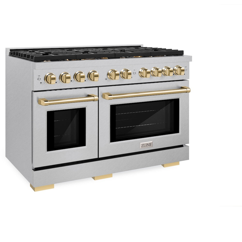 AutographEdition 48 in. 6.7 cu. ft. 8 Burner Double Oven Gas Range in DuraSnow Stainless Steel and Polished Gold Accents SGRSZ48G