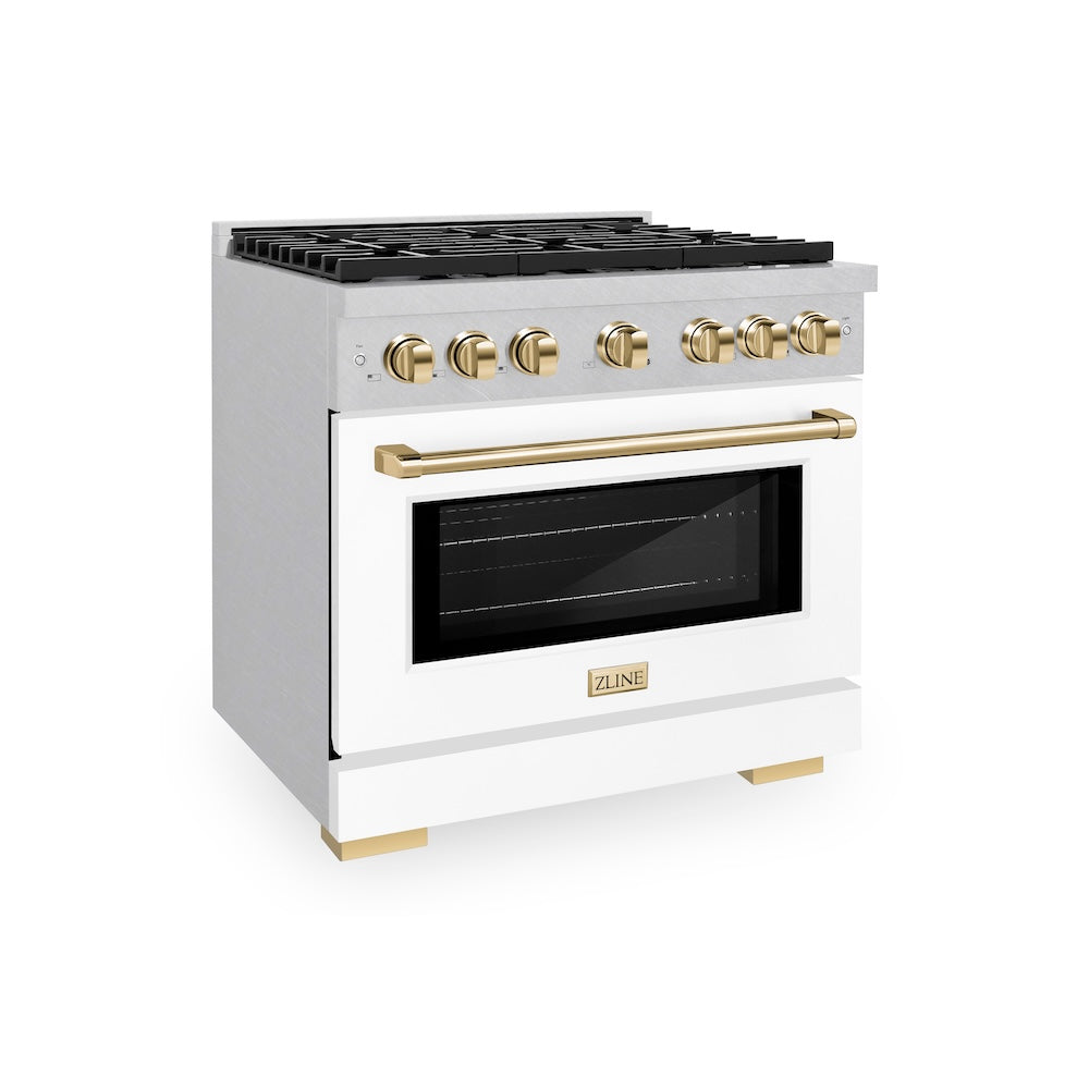 AutographEdition 36 in. 5.2 cu. ft. 6 Burner Gas Range with Convection Gas Oven in DuraSnow Stainless Steel with White Matte Door and Polished Gold Accents SGRSZWM36G