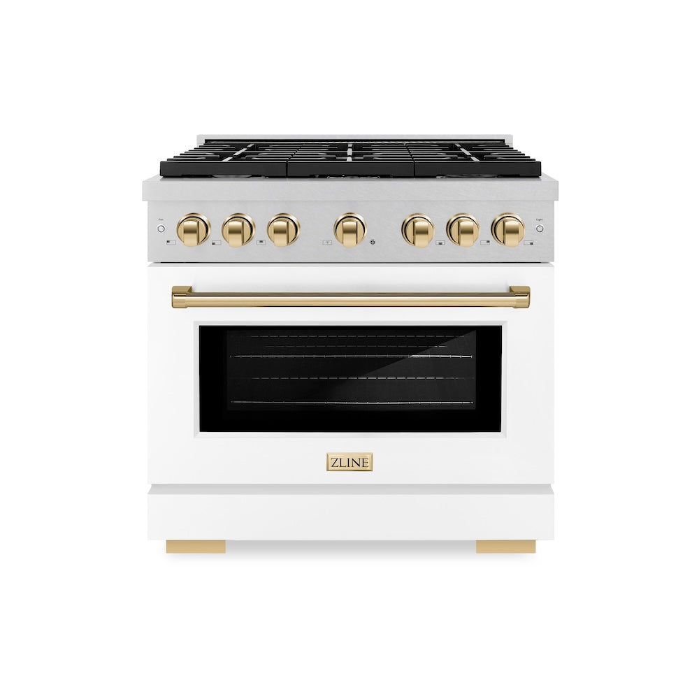 Autograph Edition 36 In. 5.2 Cu. Ft. Paramount Gas Range With 6 Burner Cooktop And Convection Gas Oven In Satin Stainless Steel With White Matte Door And Polished Gold Accents SGRSZWM36G