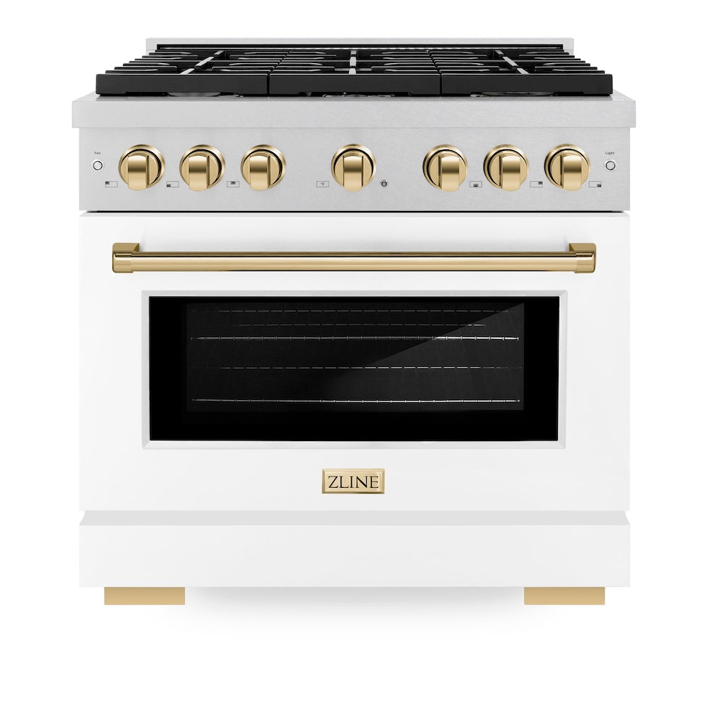 Autograph Edition 36 In. 5.2 Cu. Ft. Paramount Gas Range With 6 Burner Cooktop And Convection Gas Oven In Satin Stainless Steel With White Matte Door And Polished Gold Accents SGRSZWM36G