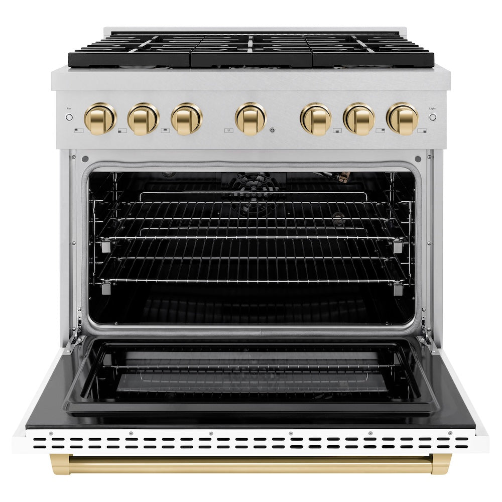 Autograph Edition 36 In. 5.2 Cu. Ft. Paramount Gas Range With 6 Burner Cooktop And Convection Gas Oven In Satin Stainless Steel With White Matte Door And Polished Gold Accents SGRSZWM36G