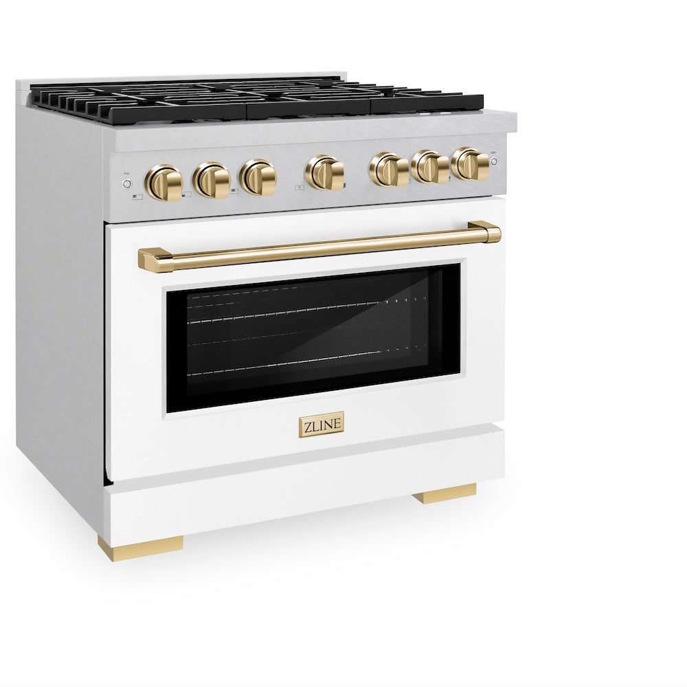 Autograph Edition 36 In. 5.2 Cu. Ft. Paramount Gas Range With 6 Burner Cooktop And Convection Gas Oven In Satin Stainless Steel With White Matte Door And Polished Gold Accents SGRSZWM36G