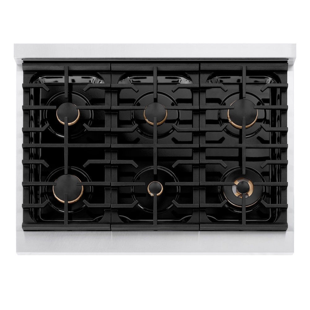Autograph Edition 36 In. 5.2 Cu. Ft. Paramount Gas Range With 6 Burner Cooktop And Convection Gas Oven In Satin Stainless Steel With White Matte Door And Polished Gold Accents SGRSZWM36G