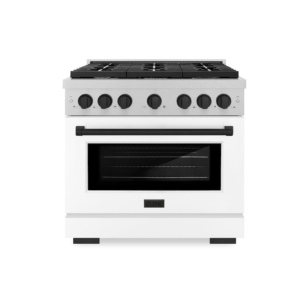 AutographEdition 36 in. 5.2 cu. ft. 6 Burner Gas Range with Convection Gas Oven in DuraSnow Stainless Steel with White Matte Door and Matte Black Accents SGRSZWM36MB
