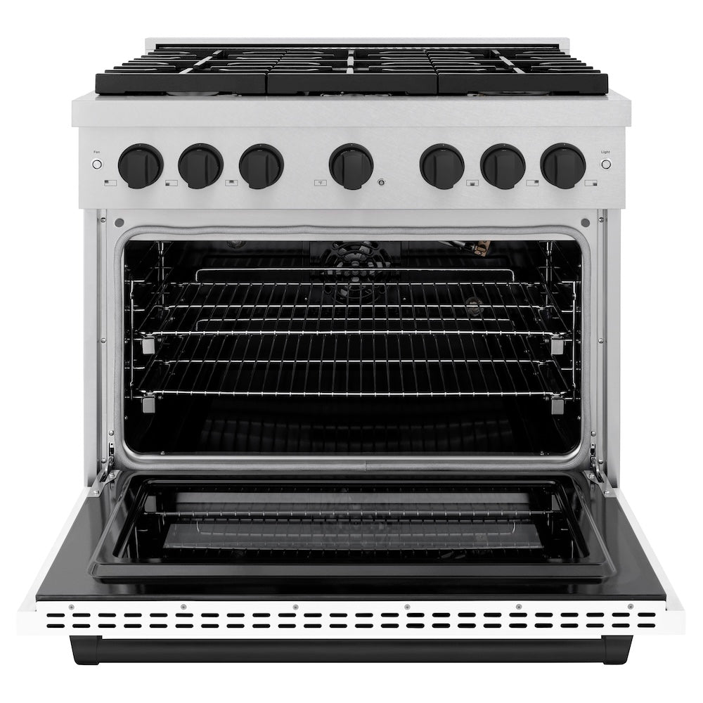 AutographEdition 36 in. 5.2 cu. ft. 6 Burner Gas Range with Convection Gas Oven in DuraSnow Stainless Steel with White Matte Door and Matte Black Accents SGRSZWM36MB