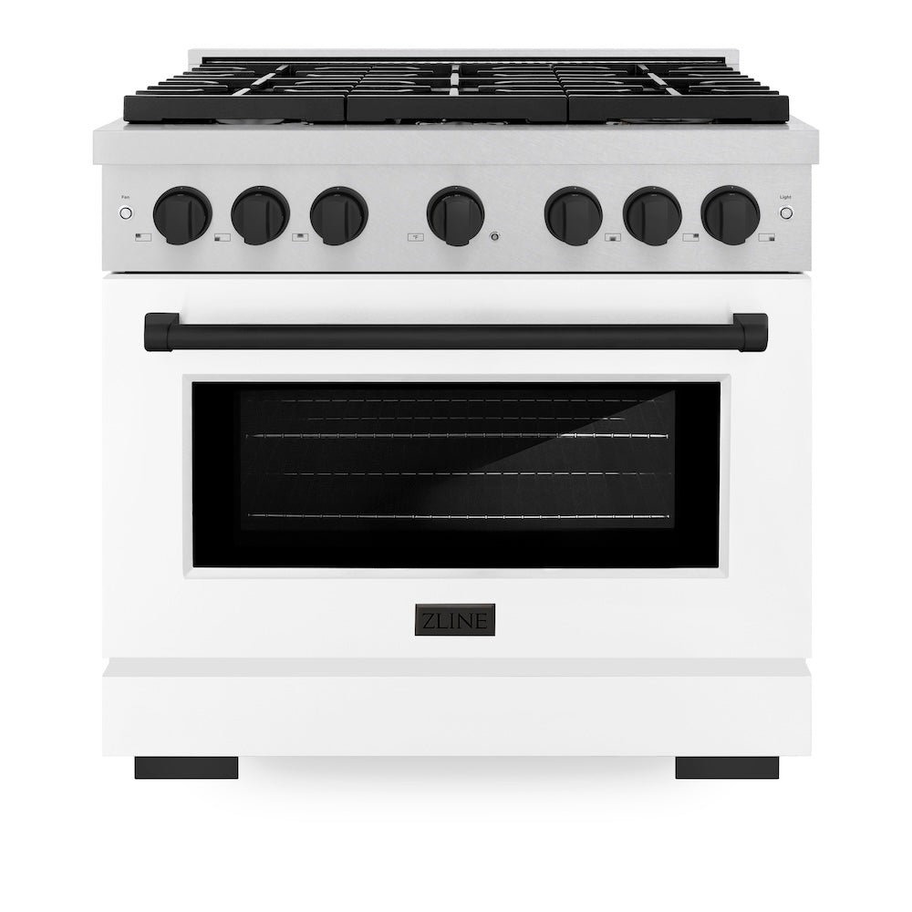 AutographEdition 36 in. 5.2 cu. ft. 6 Burner Gas Range with Convection Gas Oven in DuraSnow Stainless Steel with White Matte Door and Matte Black Accents SGRSZWM36MB