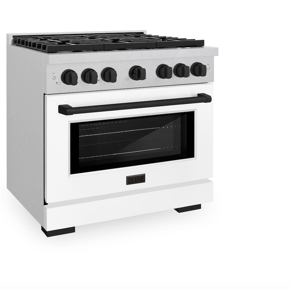 AutographEdition 36 in. 5.2 cu. ft. 6 Burner Gas Range with Convection Gas Oven in DuraSnow Stainless Steel with White Matte Door and Matte Black Accents SGRSZWM36MB