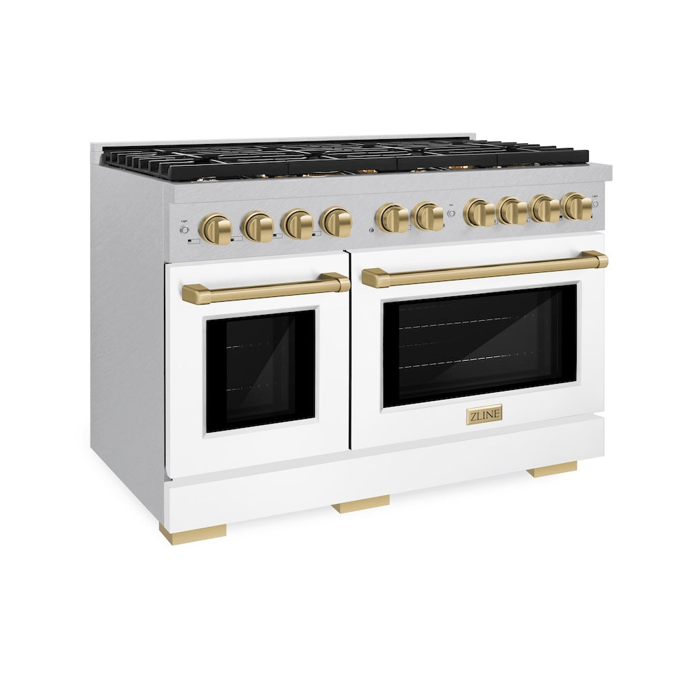 AutographEdition 48 in. 6.7 cu. ft. 8 Burner Double Oven Gas Range in DuraSnow Stainless Steel with White Matte Doors and Champagne Bronze Accents SGRSZWM48CB