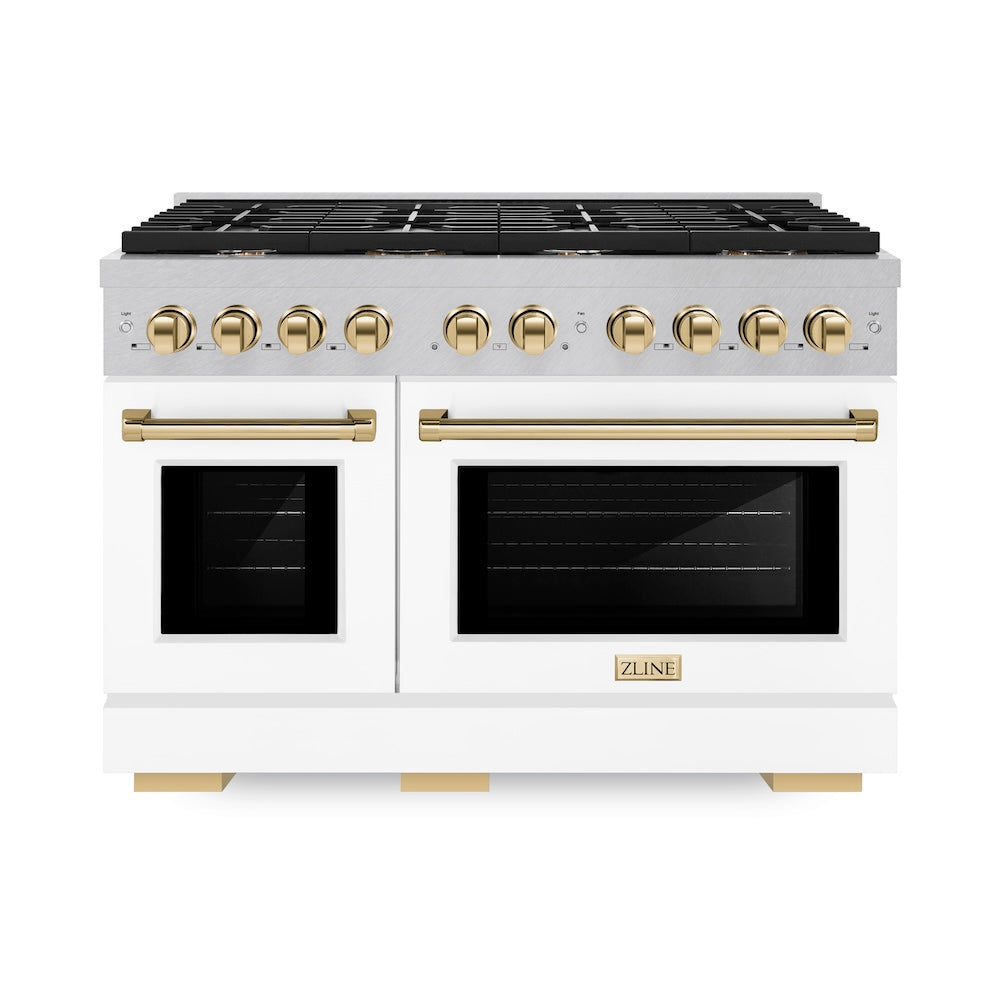 AutographEdition 48 in. 6.7 cu. ft. 8 Burner Double Oven Gas Range in DuraSnow Stainless Steel with White Matte Doors and Polished Gold Accents SGRSZWM48G